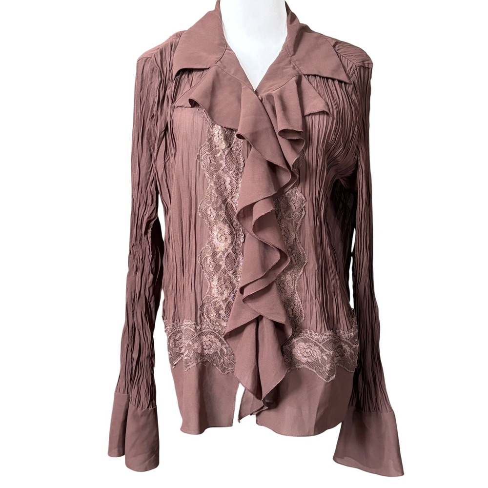 Vintage Chadwicks Ruffle Front Poet Shirt Sz 14 Brown Edwardian Pirate Lace